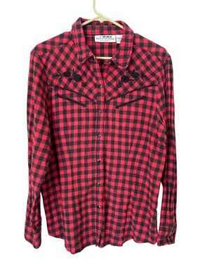 Back In The Saddle Flannel Shirt Size Large Plaid Cowgirl Red Black Western
